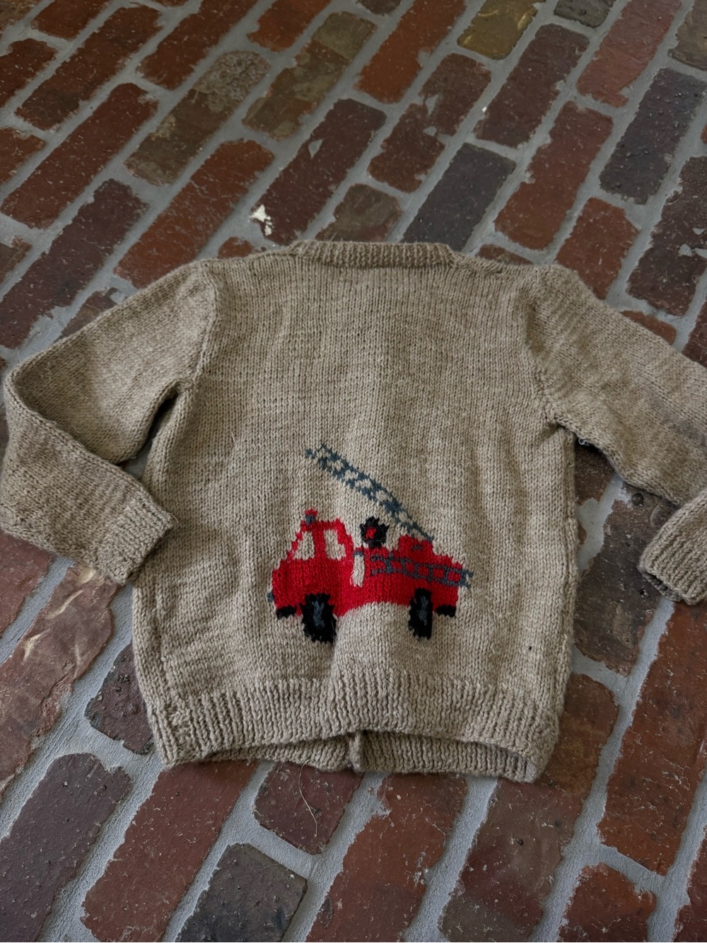 Kids Vintage Tan Cardigan Sweater with Red Firetruck Knit